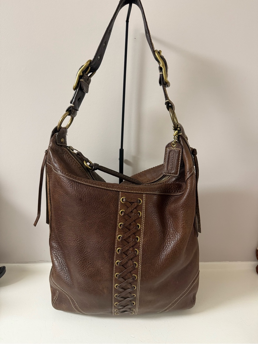 Vintage Coach Chelsea Lace up Brown Leather Crossbody Bag with Brass Hardware!